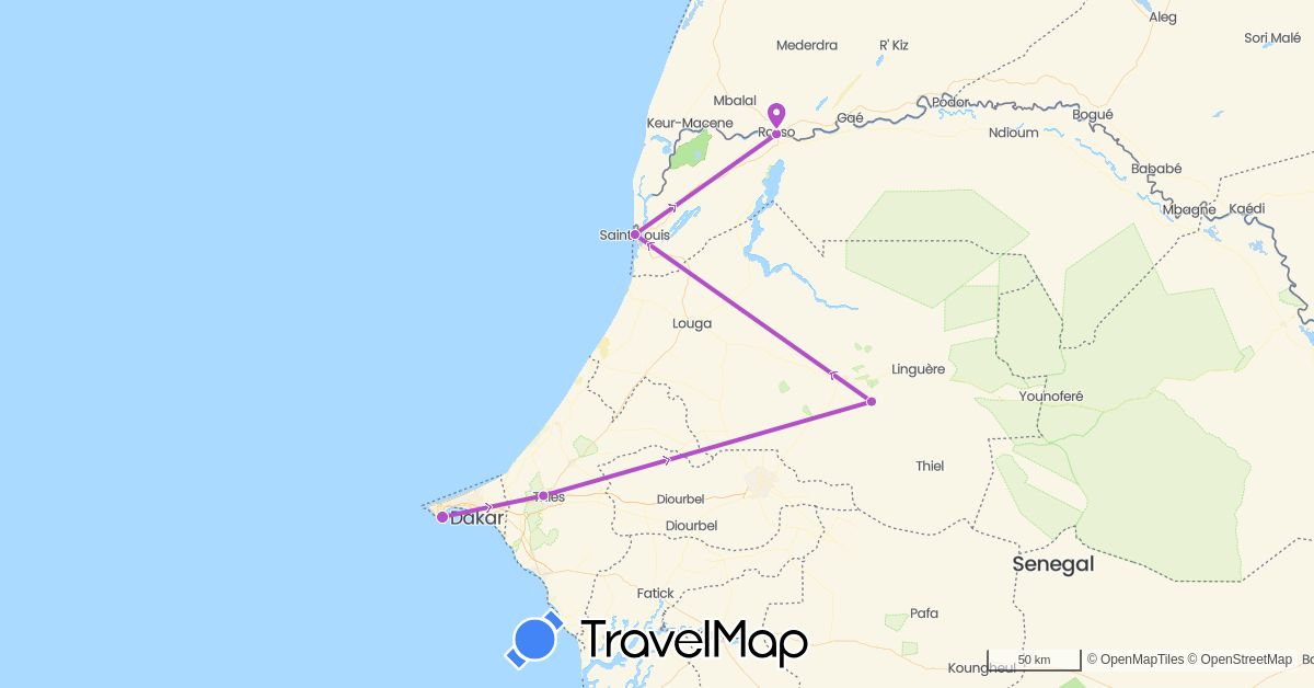 TravelMap itinerary: driving, train in Mauritania, Senegal (Africa)